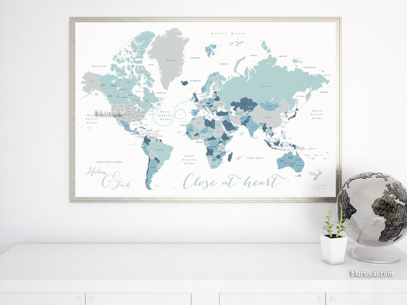 Custom map print: world map with countries and states in muted hues. "Muted beach"