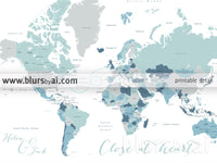 Custom map print: world map with countries and states in muted hues. "Muted beach"