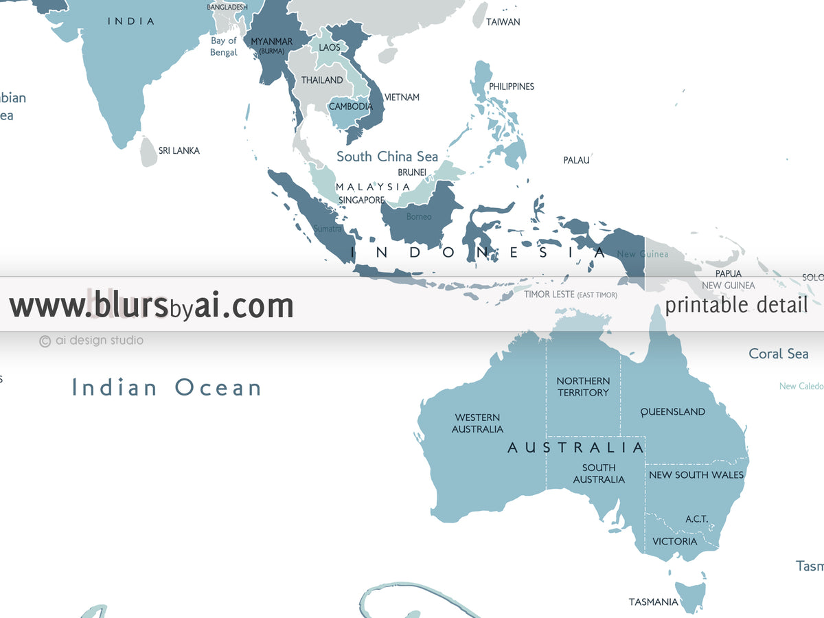 Custom map print: world map with countries and states in muted hues. "Muted beach"