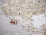 Custom large & highly detailed, rustic world map canvas print or push pin map. "Lucille"