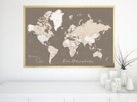 Custom print: world map with cities in brown and cream. "Earth tones"