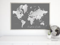 Art print on paper: custom world map with cities in grayscale gradient. "Silver leaf"