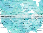 Custom quote - world map with cities, capitals, countries, US States... labeled and watercolor effect. Color combination: peaceful waters