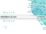 Custom quote - world map with cities, capitals, countries, US States... labeled and watercolor effect. Color combination: peaceful waters