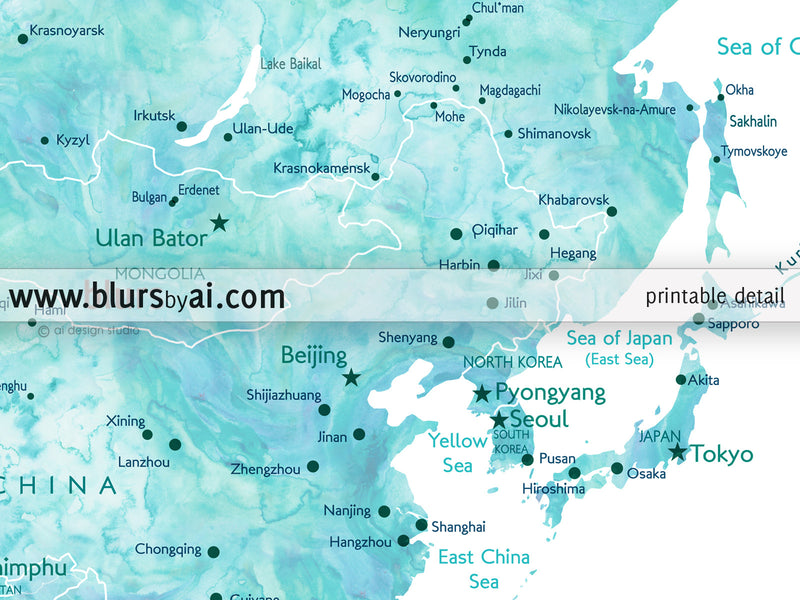 Custom quote - world map with cities, capitals, countries, US States... labeled and watercolor effect. Color combination: peaceful waters