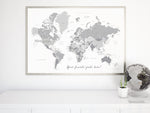 Custom quote - printable world map with cities, capitals, countries, US States... labeled. Light grayscale. Color combination "In the city"