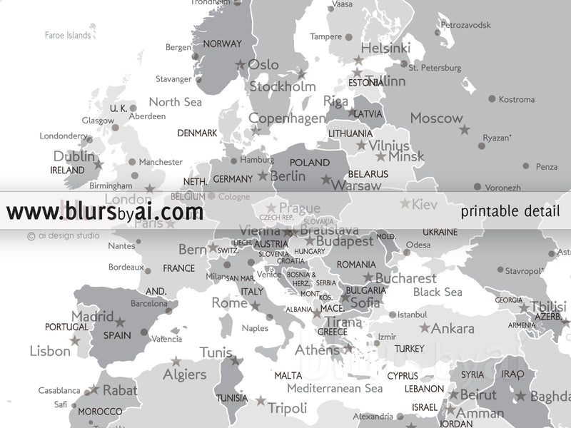 Custom quote - printable world map with cities, capitals, countries, US States... labeled. Light grayscale. Color combination "In the city"