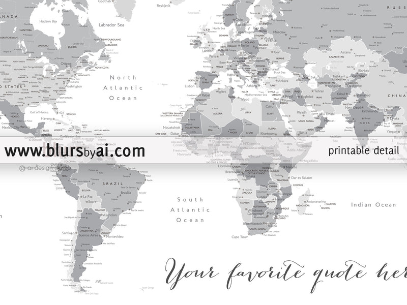 Custom quote - printable world map with cities, capitals, countries, US States... labeled. Light grayscale. Color combination "In the city"