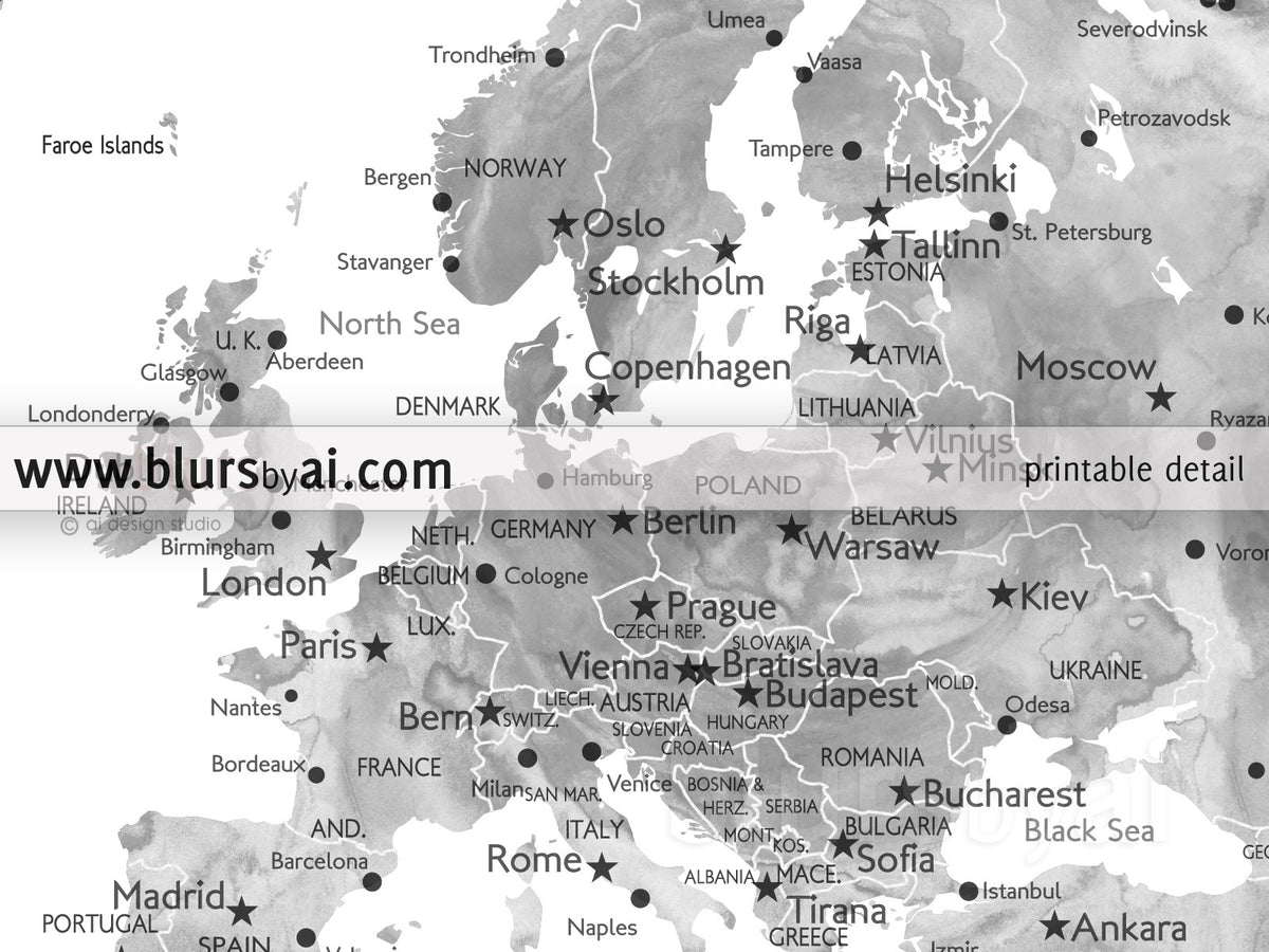 Printable watercolor world map with cities in grayscale, large 36x24" - For personal use only