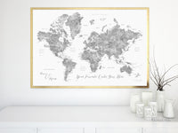 Custom map print: world map with cities in grayscale watercolor. "Jimmy"