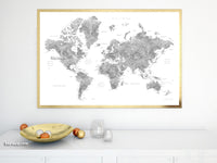 Printable watercolor world map with cities in grayscale, large 36x24" - For personal use only