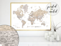 Custom print: world map with cities in taupe, cream and grey neutral watercolor. "Abey"