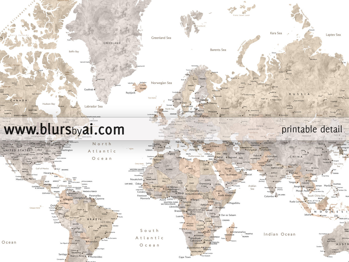 Printable watercolor world map with cities in neutrals, no quote, sizes from 30x20" to 60x40" - For personal use only