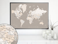 Custom world map print - highly detailed map with cities in light earth tones