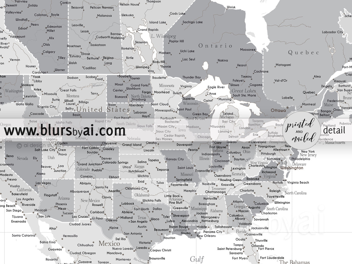 Custom world map print - highly detailed map with cities light gray. "In the city"