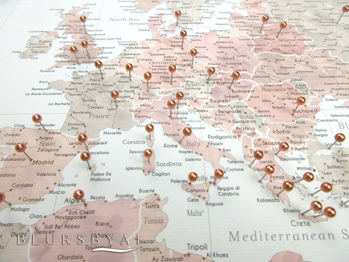 Custom large & highly detailed world map canvas print or push pin map in dusty pink and grey. "Piper"