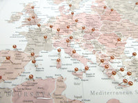 Custom large & highly detailed world map canvas print or push pin map in dusty pink and grey. "Piper"