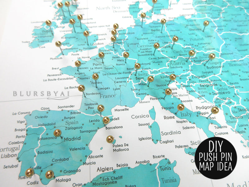 Custom world map print - highly detailed map with cities in aquamarine watercolor. "Peaceful waters"