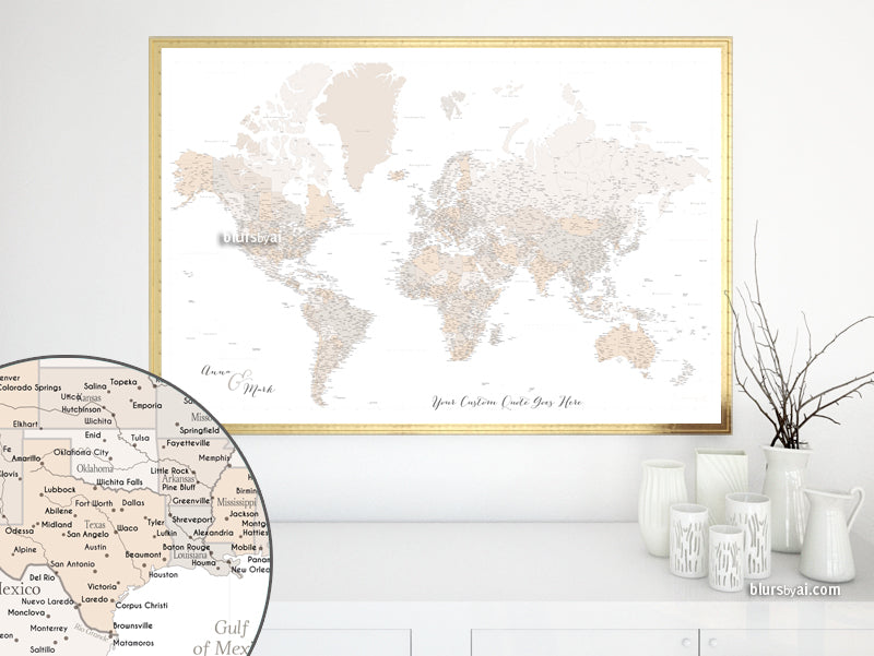 Custom world map print - highly detailed map with cities in light brown. "Belinda"