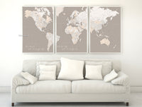 Multi panel, custom highly detailed world map print - Brown world map with cities. "Light earth tones"