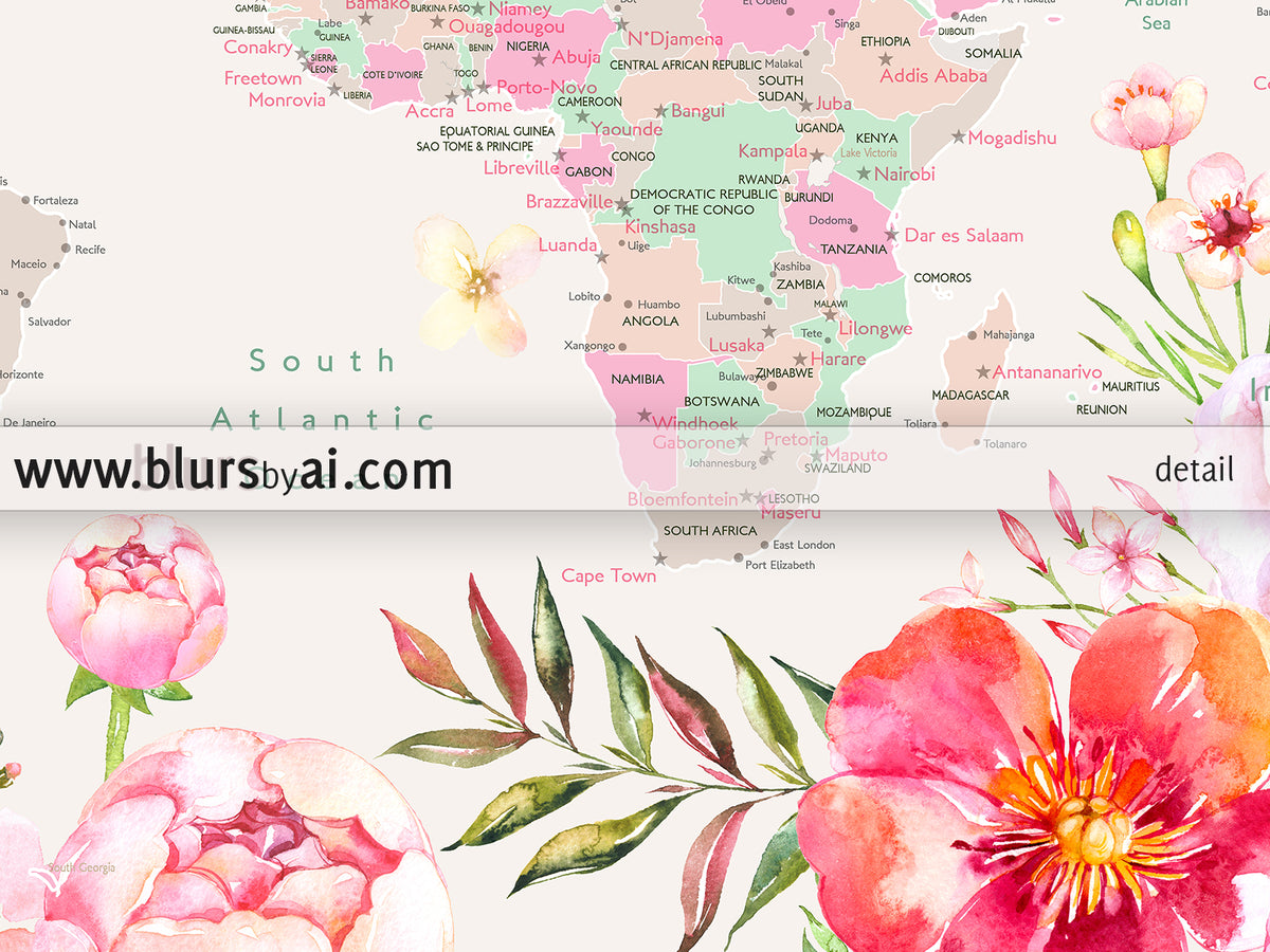 Floral pastel world map art print. "Flor"