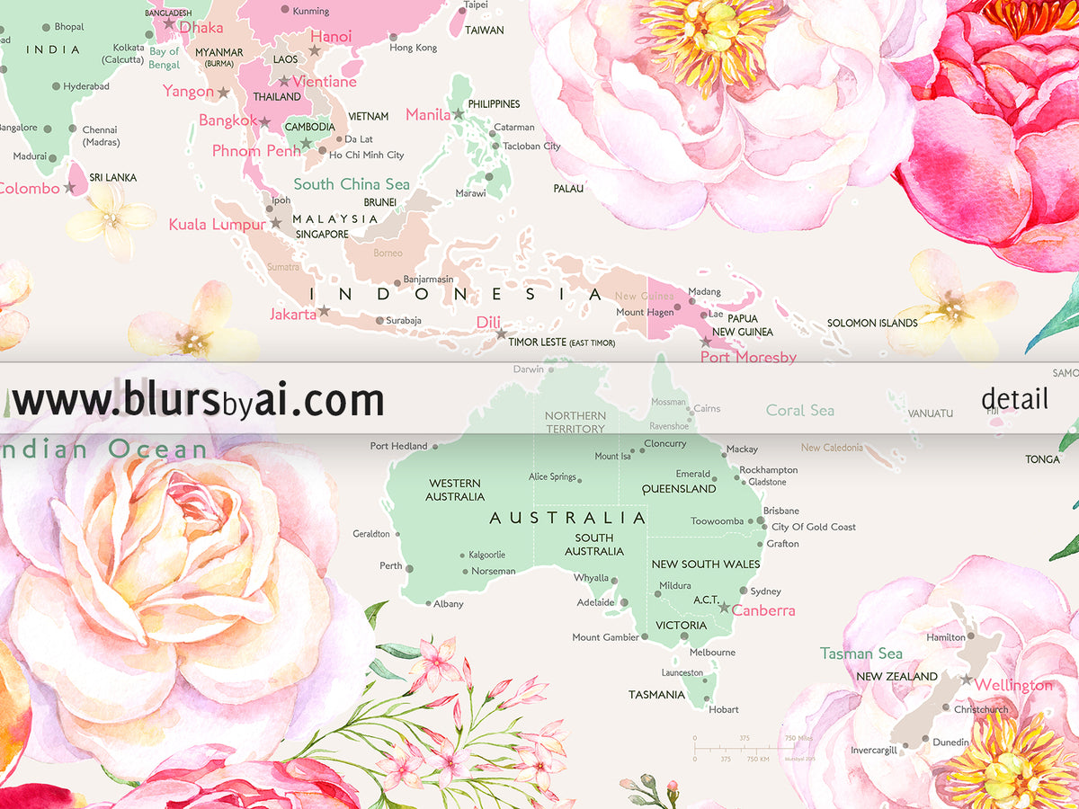 Floral pastel world map art print. "Flor"