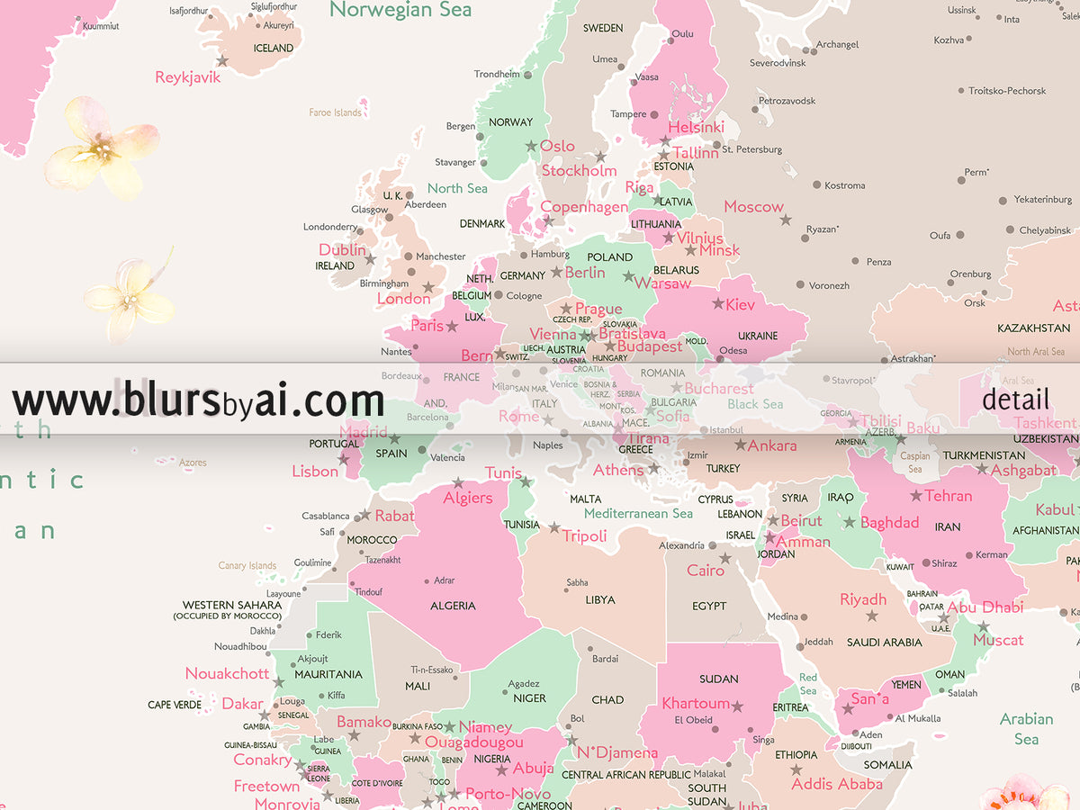 Floral pastel world map art print. "Flor"