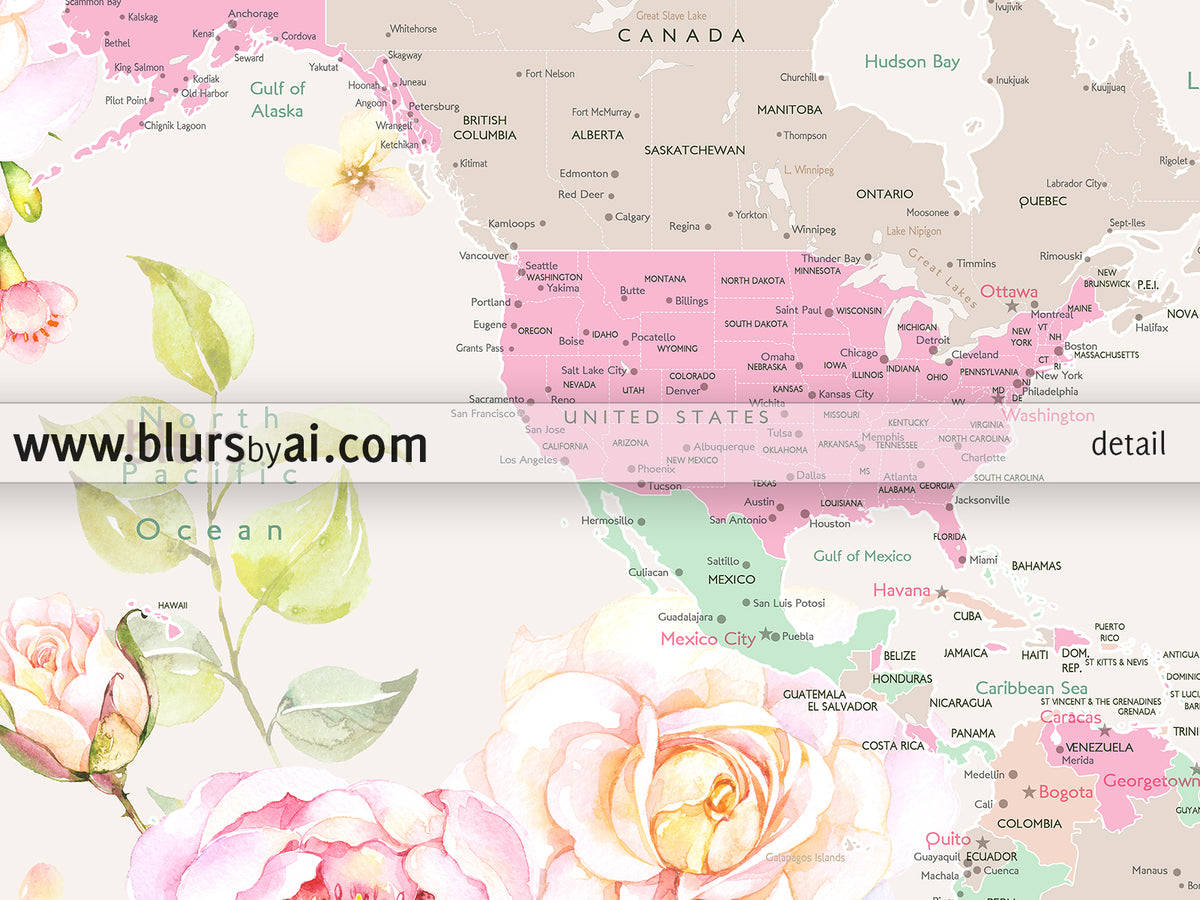 Floral pastel world map art print. "Flor"