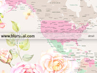 Floral pastel world map art print. "Flor"