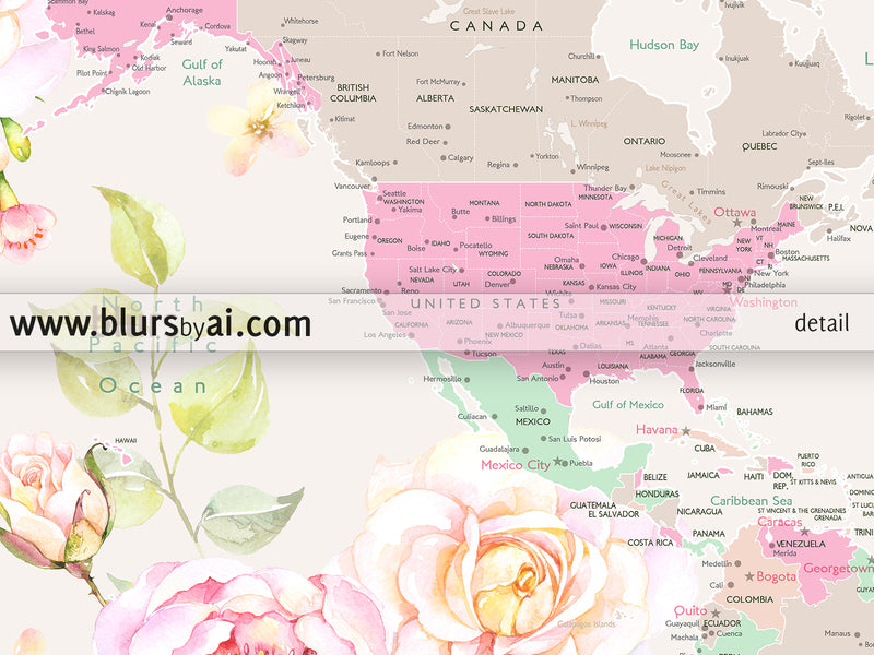 Floral pastel world map art print. "Flor"
