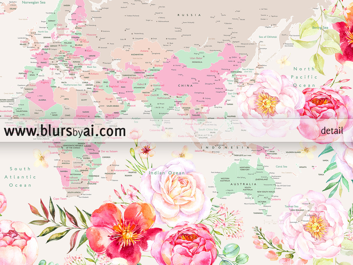 Floral pastel world map art print. "Flor"