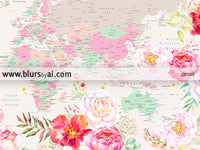 Floral pastel world map art print. "Flor"