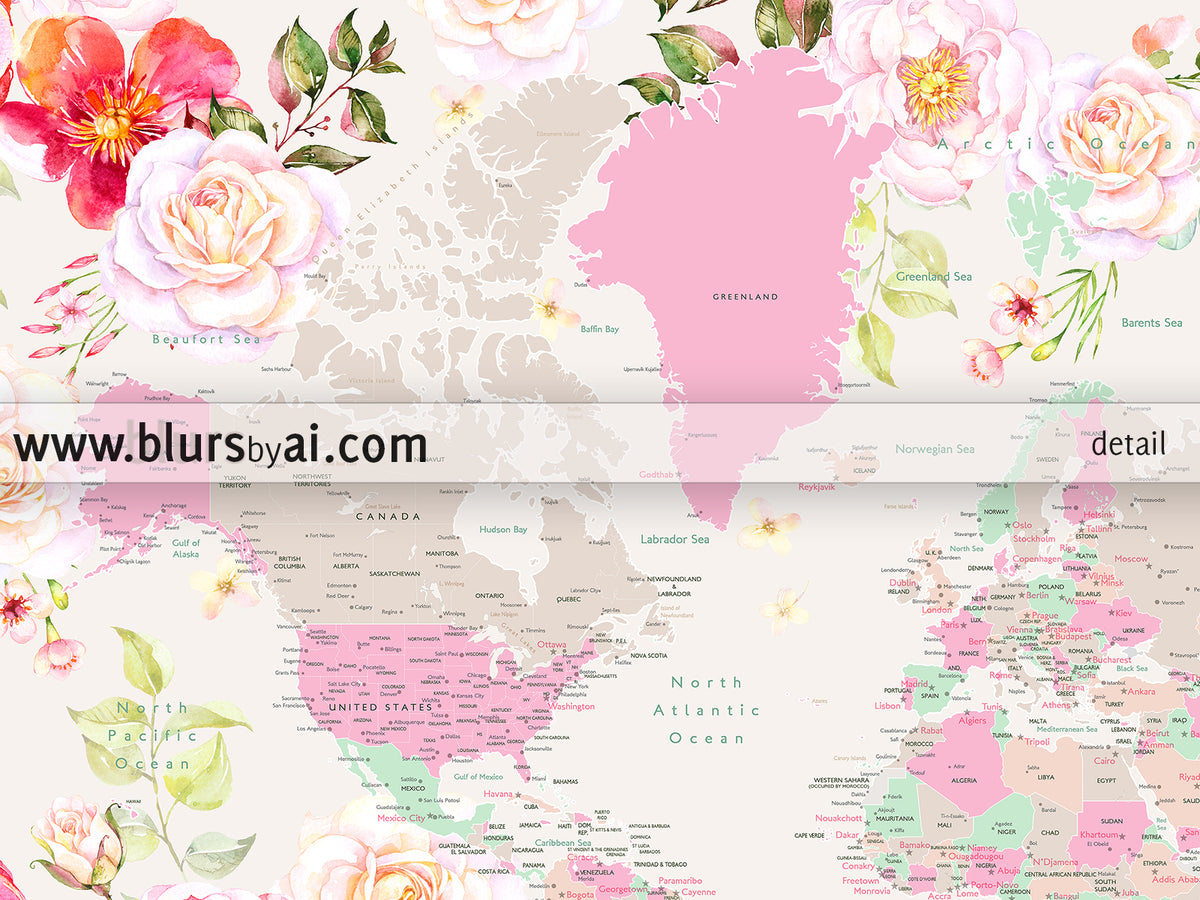 Floral pastel world map art print. "Flor"