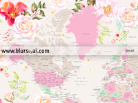 Floral pastel world map art print. "Flor"