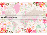 Floral pastel world map art print. "Flor"