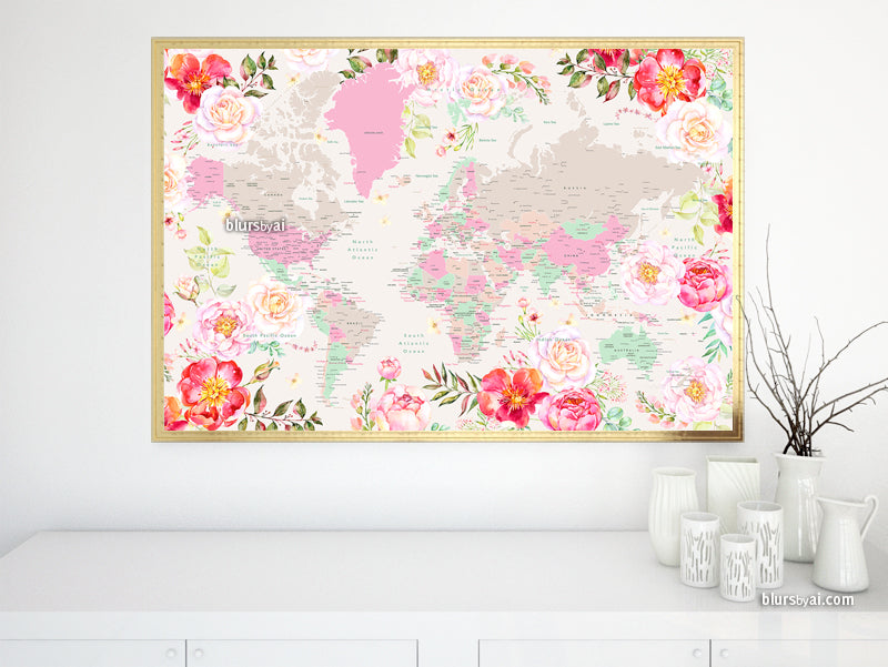 Floral pastel world map art print. "Flor"