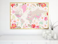 Floral pastel world map art print. "Flor"
