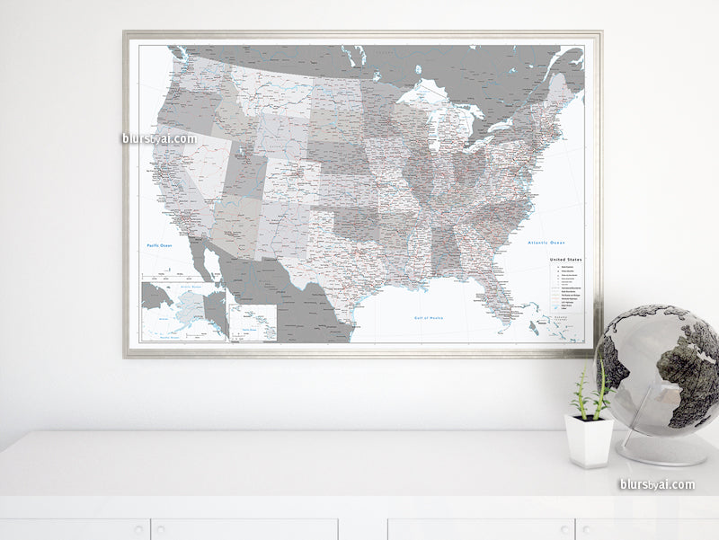 Custom US map print: highly detailed map of the US with roads. "Brennan"