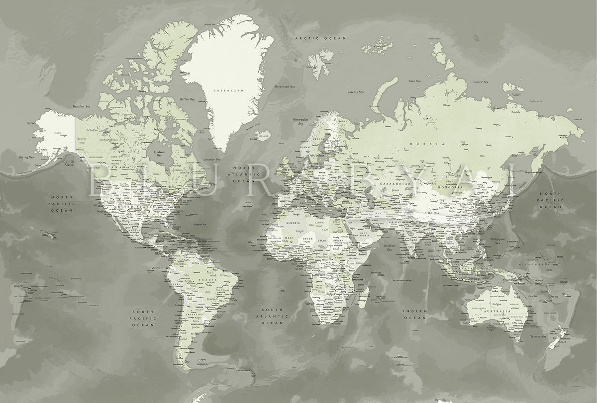 Custom world map print on rolled canvas, with cities and US state capitals. ALL COLOR CHOICES.