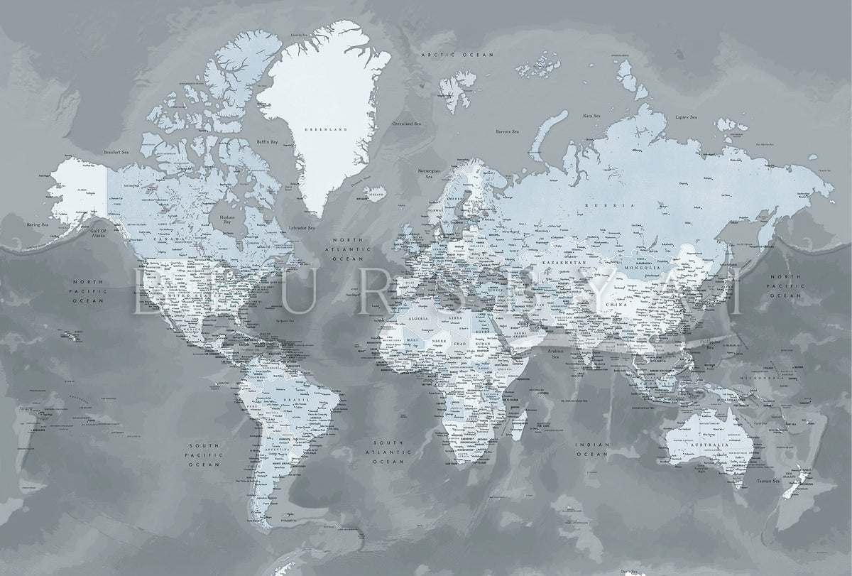 Art print on paper: custom detailed world map with cities and US state capitals. ALL COLOR CHOICES