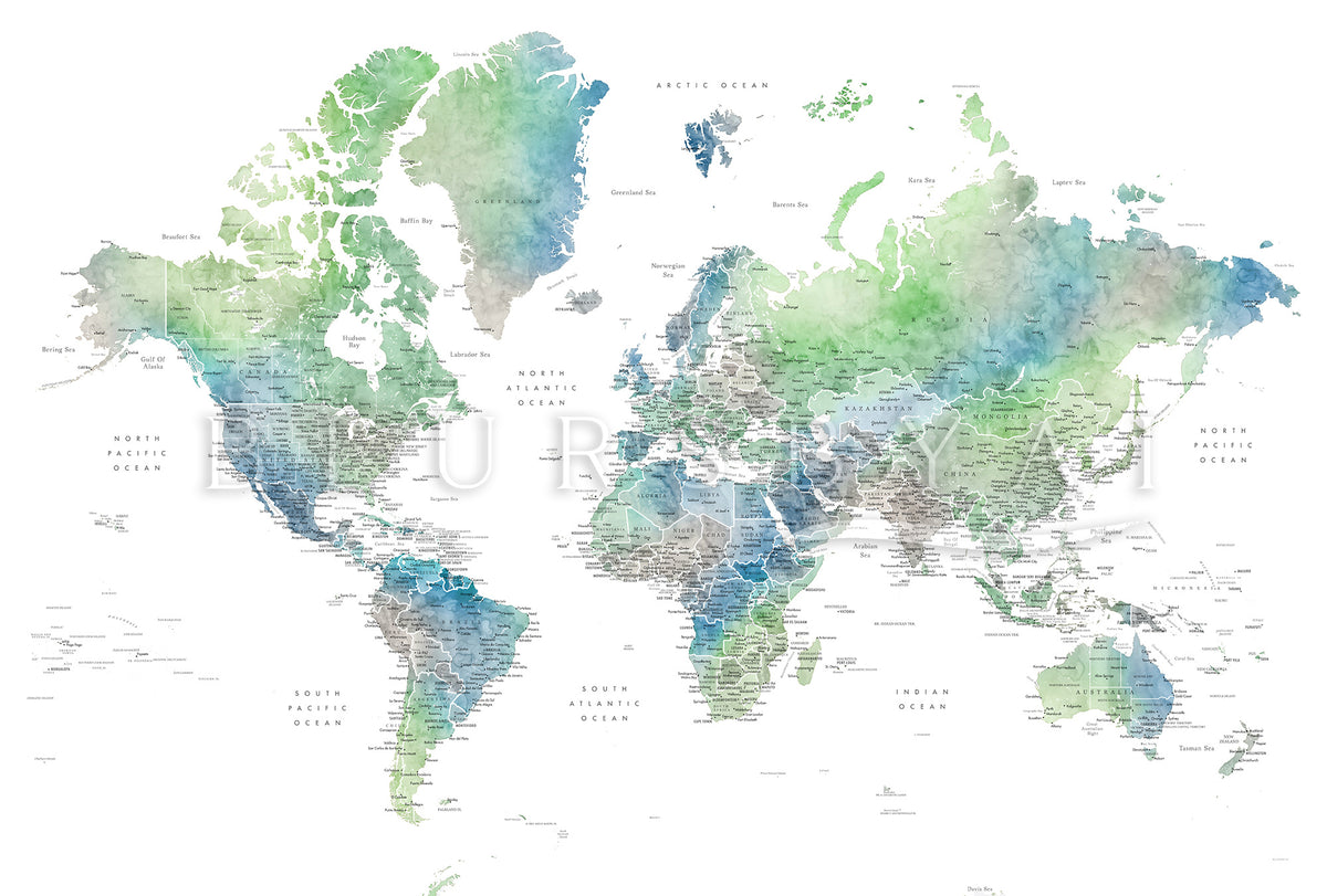 Custom world map print on rolled canvas, with cities and US state capitals. ALL COLOR CHOICES.