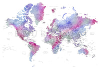 Art print on paper: custom detailed world map with cities and US state capitals. ALL COLOR CHOICES