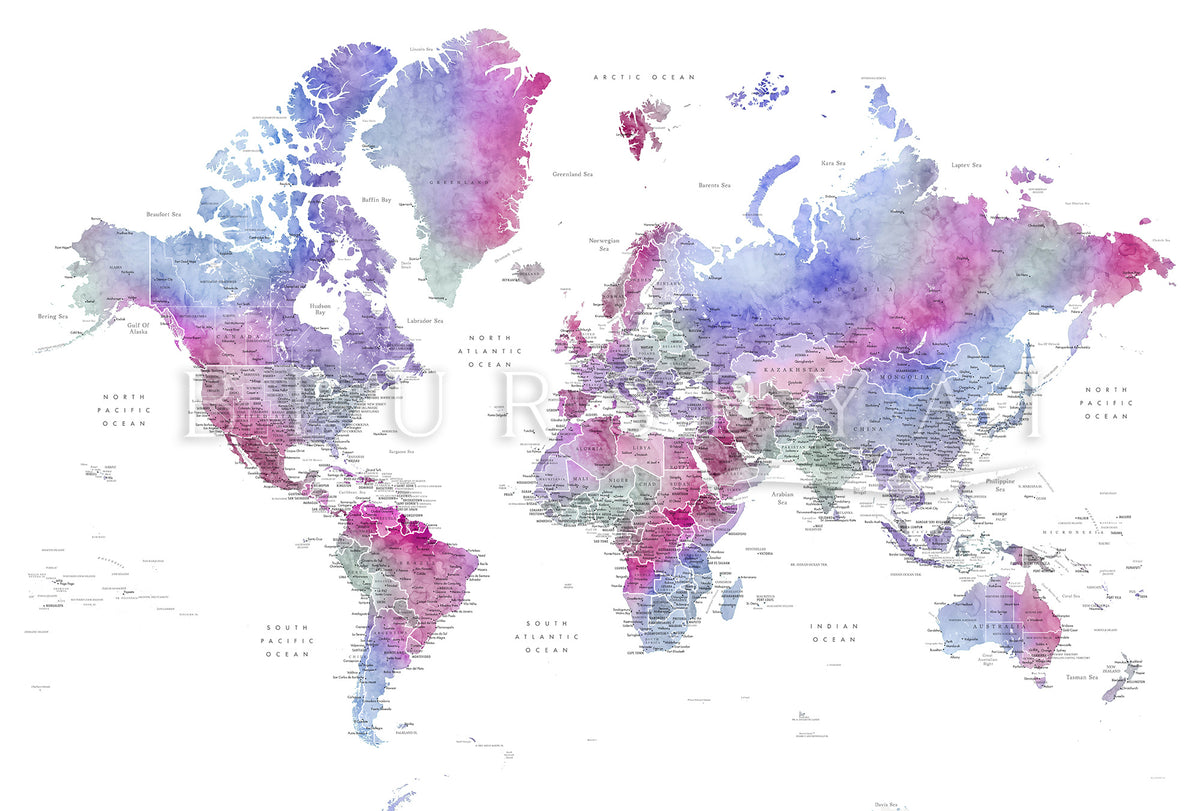 Custom world map print on rolled canvas, with cities and US state capitals. ALL COLOR CHOICES.