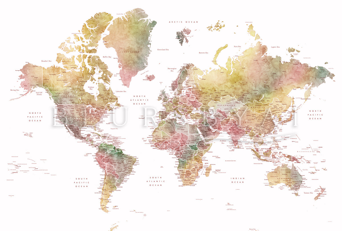 Art print on paper: custom detailed world map with cities and US state capitals. ALL COLOR CHOICES