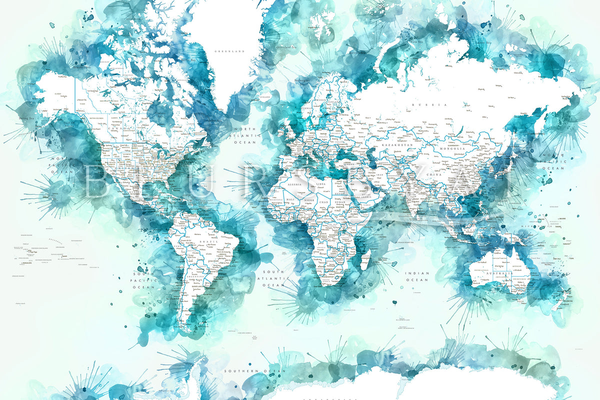 Art print on paper: custom detailed world map with cities and US state capitals. ALL COLOR CHOICES