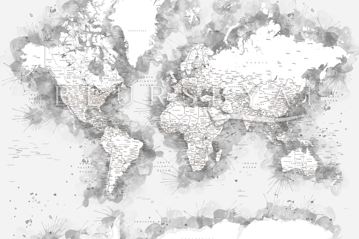 Art print on paper: custom detailed world map with cities and US state capitals. ALL COLOR CHOICES