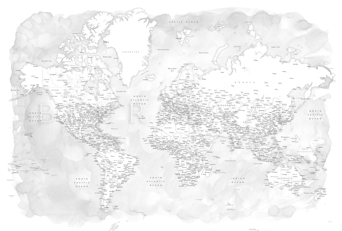 Art print on paper: custom detailed world map with cities and US state capitals. ALL COLOR CHOICES