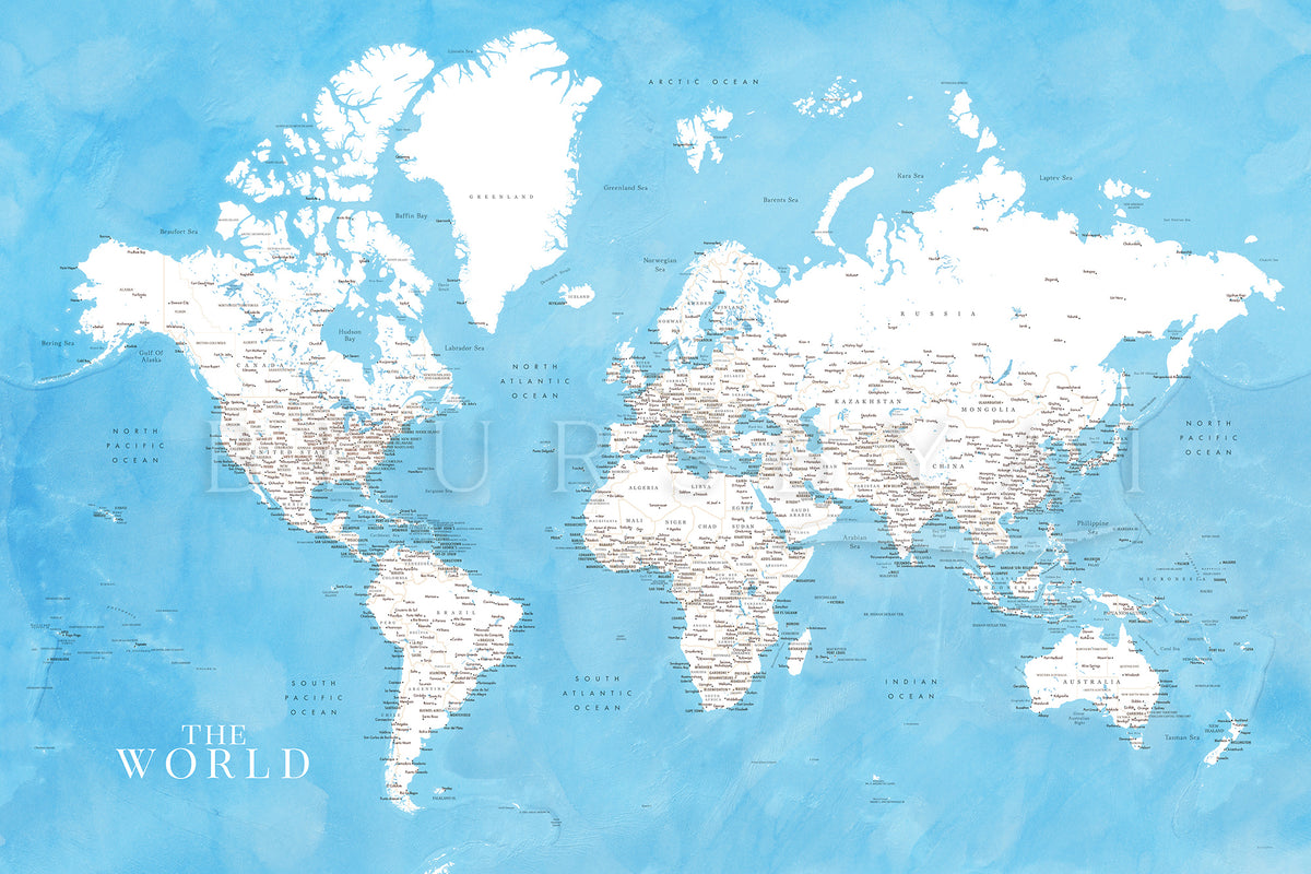 Custom world map print on rolled canvas, with cities and US state capitals. ALL COLOR CHOICES.