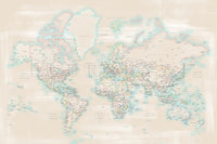 Art print on paper: custom detailed world map with cities and US state capitals. ALL COLOR CHOICES