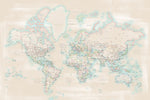 Art print on paper: custom detailed world map with cities and US state capitals. ALL COLOR CHOICES